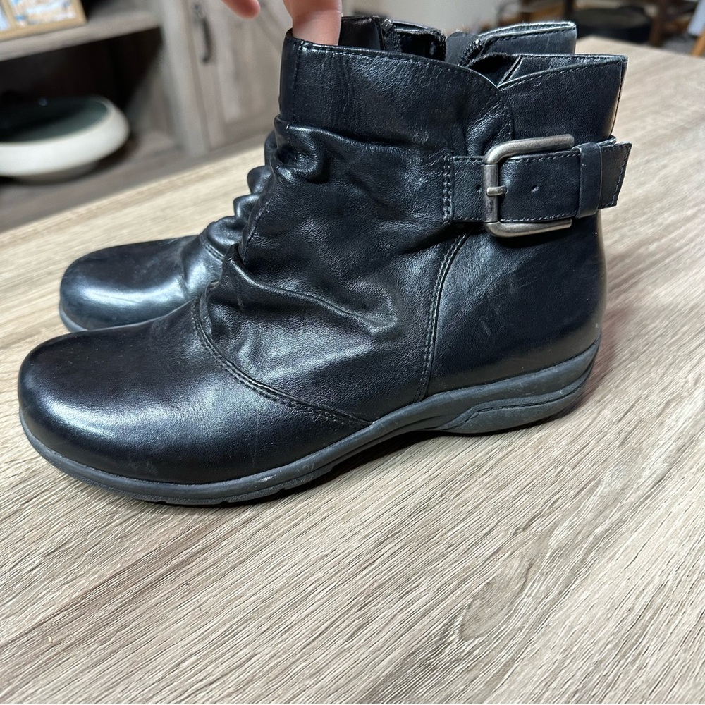 Clarks Black Leather Ankle Booties with Side Buckle